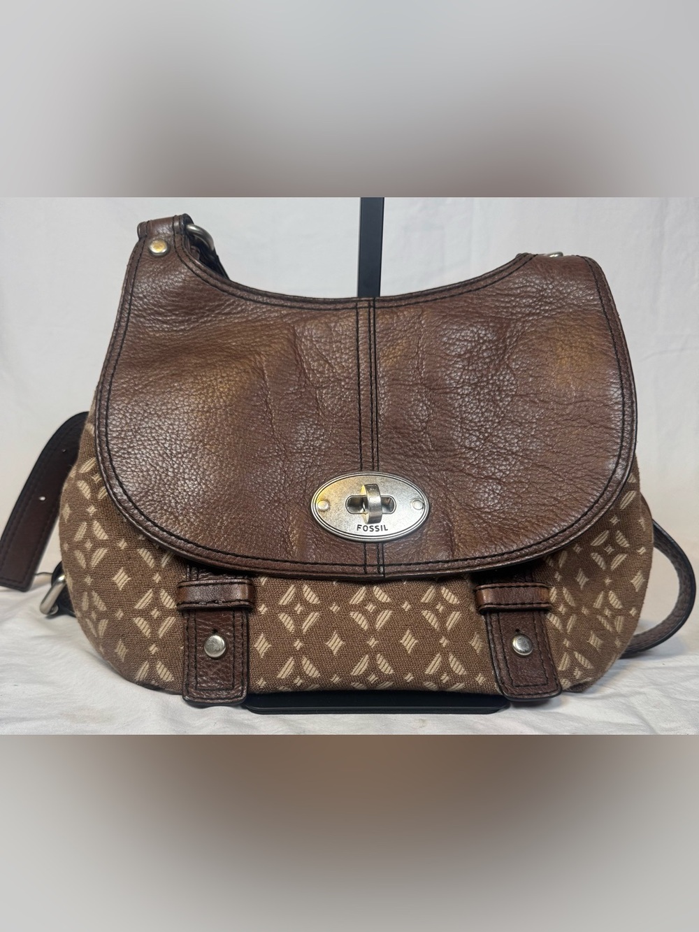 Fossil Maddox Turn Lock Brown Leather & Fabric Crossbody Bag